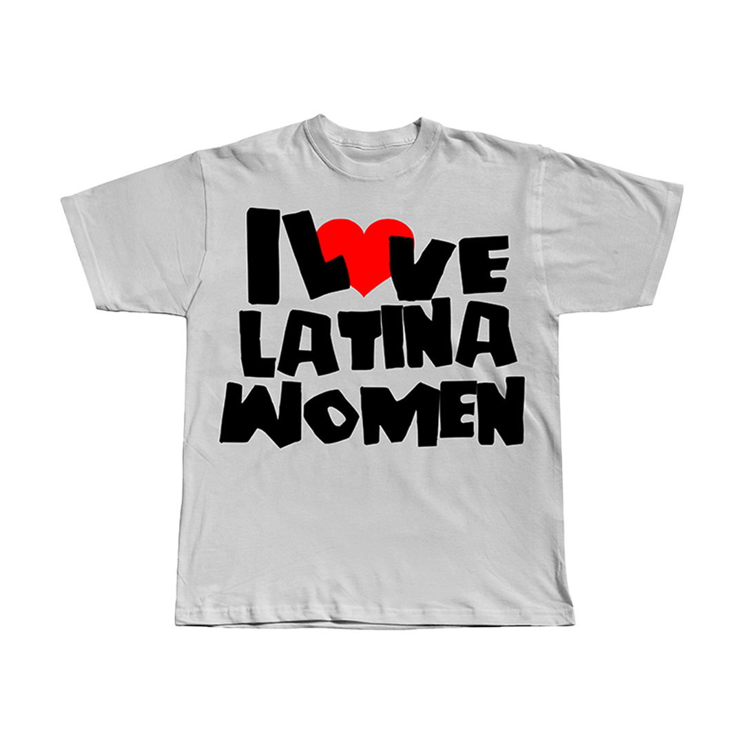 White t-shirt with 'I ❤️ UVE LATINA WOMEN' text on a white background