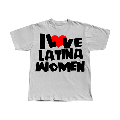 White t-shirt with 'I ❤️ UVE LATINA WOMEN' text on a white background